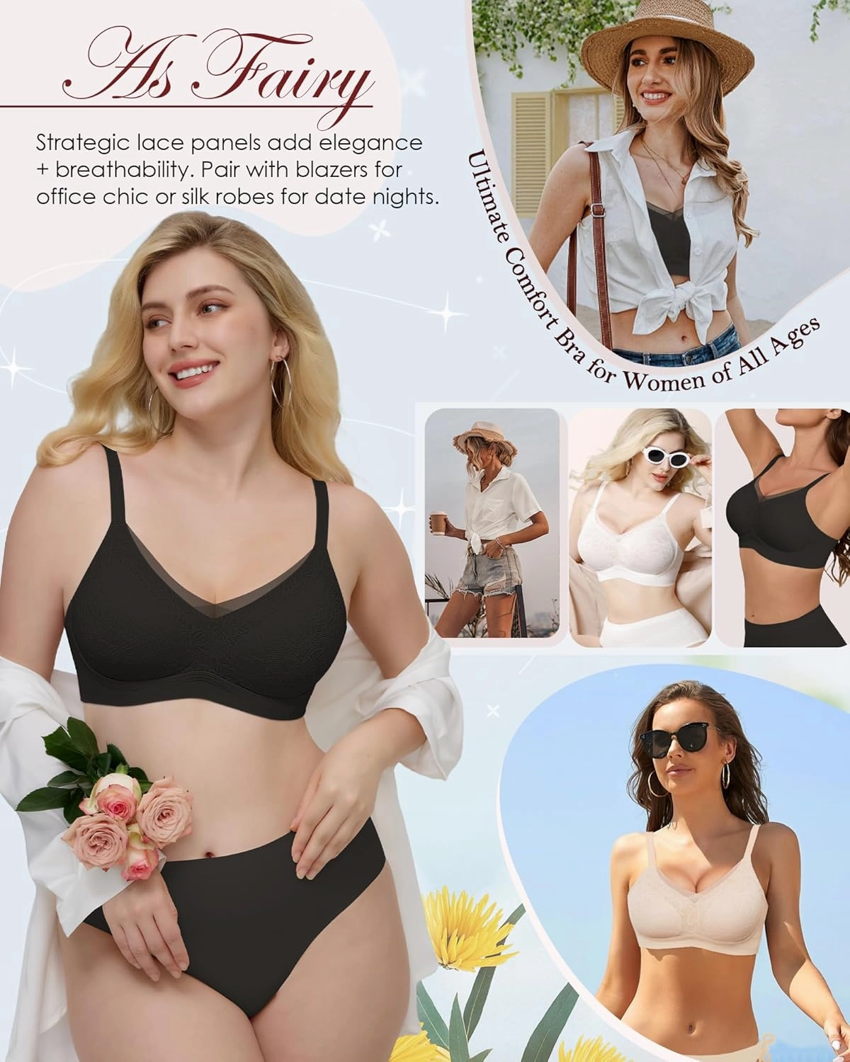 No Underwire Sheer Mesh V-Neck Bra Lace Soft Support Comfort Bra for Women Everyday T-Shirt Bralette