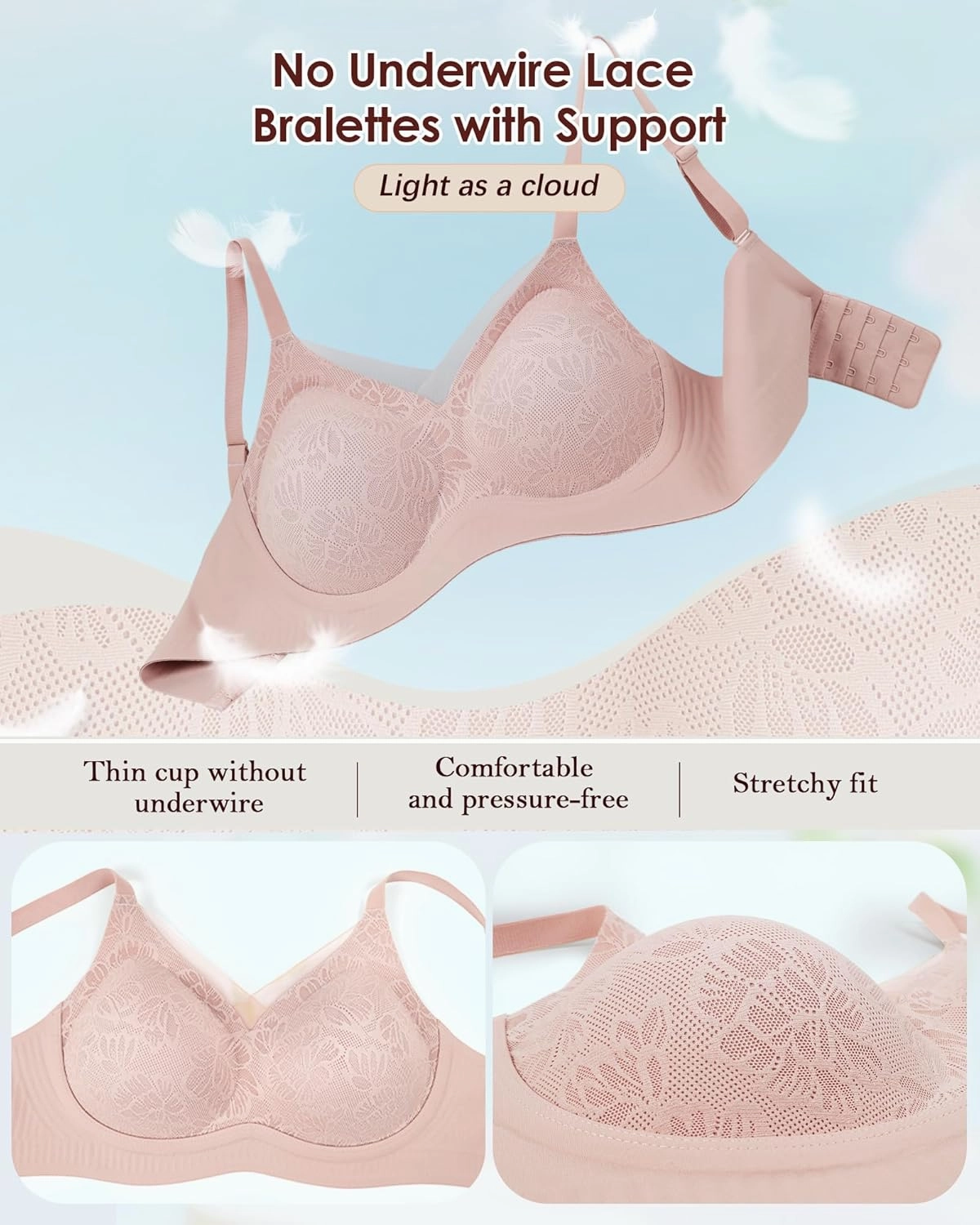 No Underwire Sheer Mesh V-Neck Bra Lace Soft Support Comfort Bra for Women Everyday T-Shirt Bralette