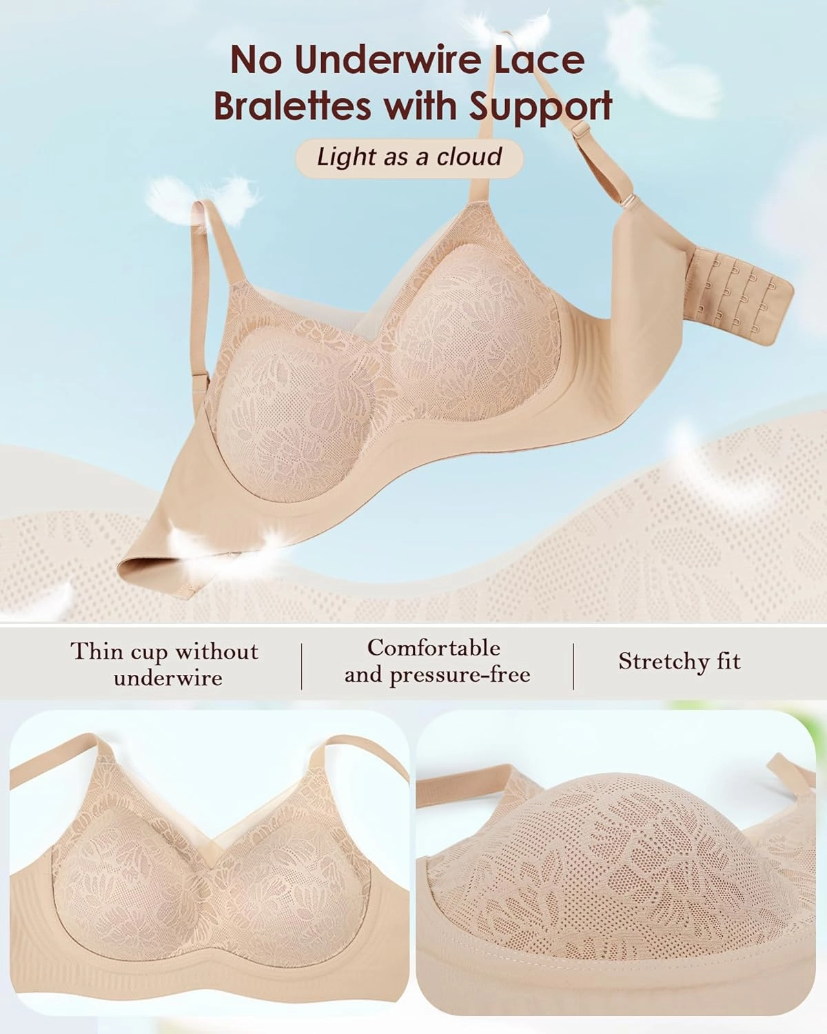 No Underwire Sheer Mesh V-Neck Bra Lace Soft Support Comfort Bra for Women Everyday T-Shirt Bralette