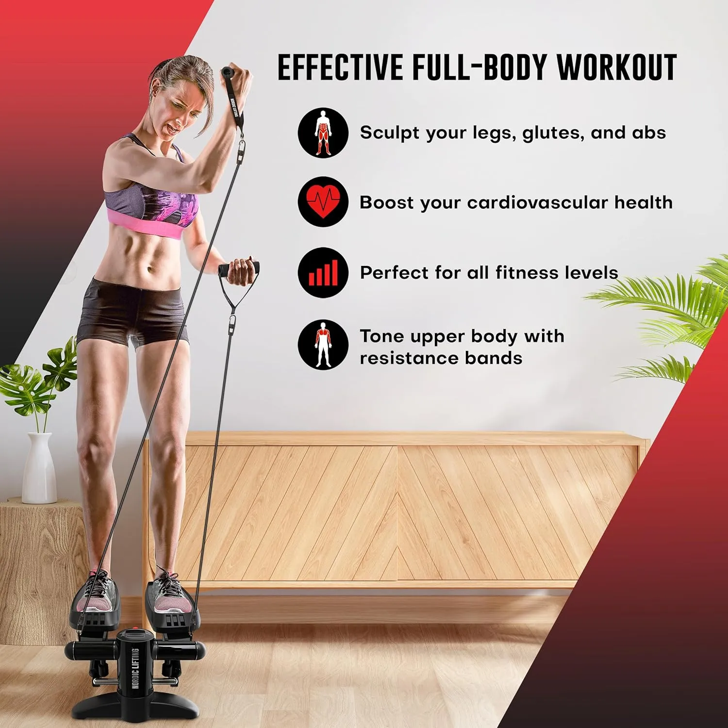 Nordic Lifting Mini Stepper & Stair Climber Machine - w/Resistance Bands Set & Non-Slip Foot Pads - Durable Construction with 330 LBS Weight Capacity - LCD Monitor