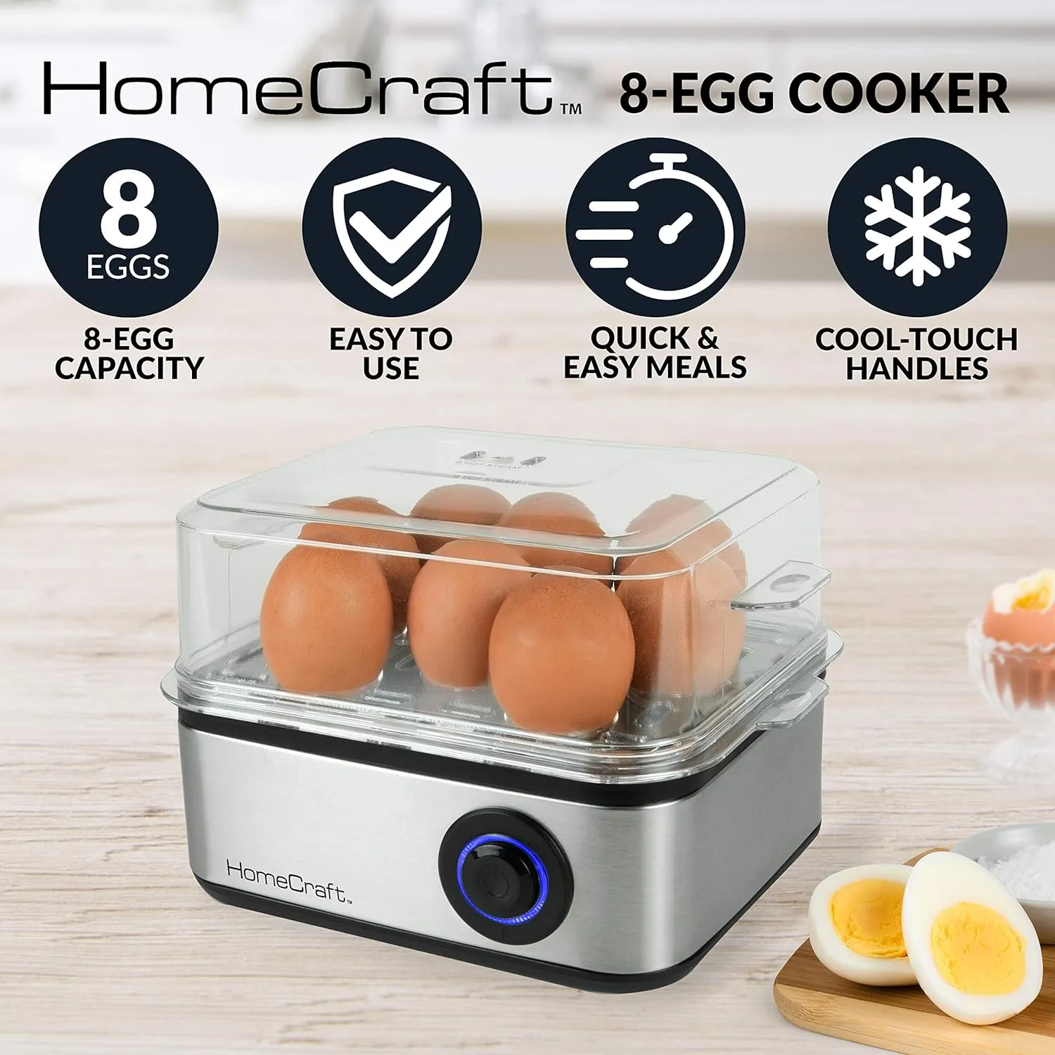 Nostalgia HomeCraft Premium Stainless Steel 8 Capacity Electric Large Hard-Boiled Egg Cooker Poached, Scrambled, Omelets, Whites, Sandwiches, for Keto & Low-Carb Diets, Vegetable Steamer, with Buzzer