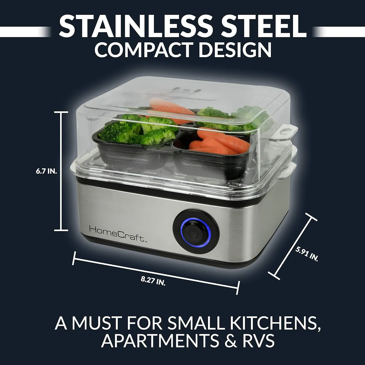 Nostalgia HomeCraft Premium Stainless Steel 8 Capacity Electric Large Hard-Boiled Egg Cooker Poached, Scrambled, Omelets, Whites, Sandwiches, for Keto & Low-Carb Diets, Vegetable Steamer, with Buzzer