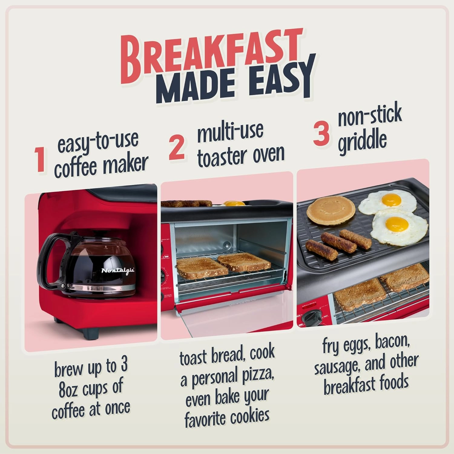 Nostalgia 3-in-1 Breakfast Station - Includes Coffee Maker, Non-Stick Griddle, and 4-Slice Toaster Oven - Versatile Breakfast Maker with Timer - Red