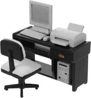 NUOBESTY 1:12 Dollhouse Miniature Office Furniture Set - Black Desk & Chair with Computer, Mouse, Keyboard, Printer for Kids' Doll House Decoration
