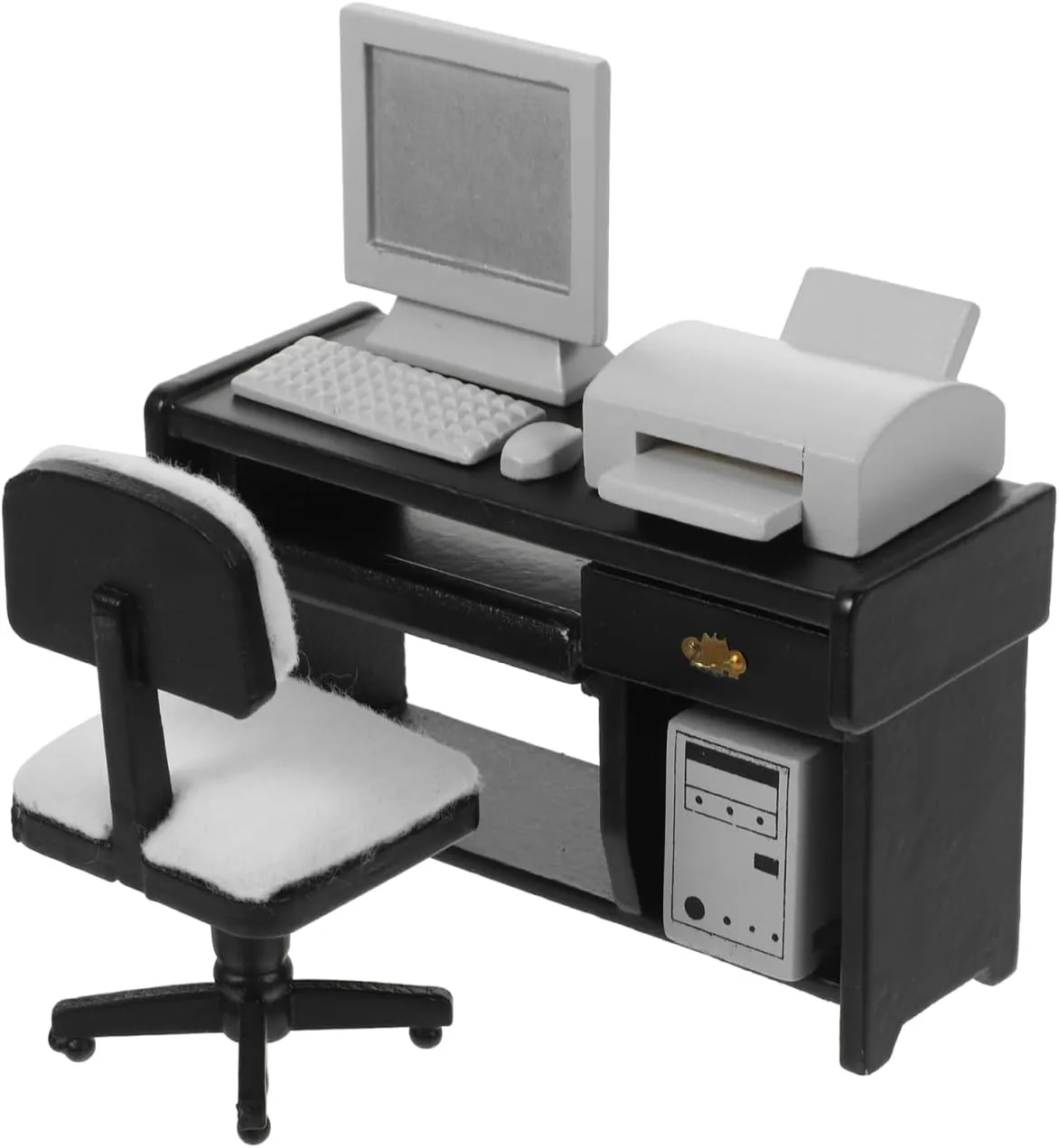 NUOBESTY 1:12 Dollhouse Miniature Office Furniture Set - Black Desk & Chair with Computer, Mouse, Keyboard, Printer for Kids' Doll House Decoration