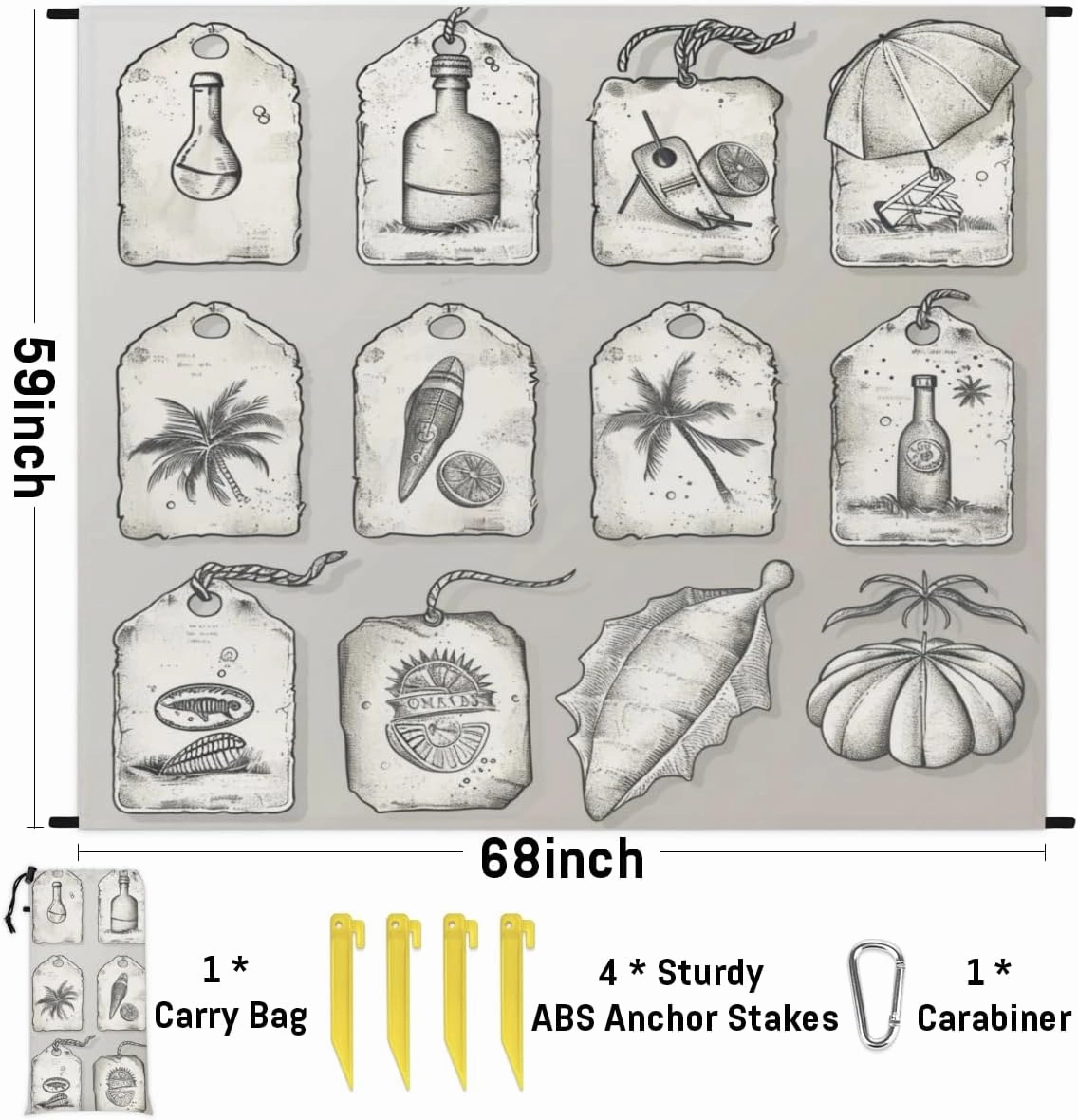Ocean Themed Beach Blanket, Sandproof Beach Mat, Adults Waterproof Quick Drying Sand Free Mat with 4 x Ground Spikes for Outdoor Travel Camping Hiking, Beach Themed