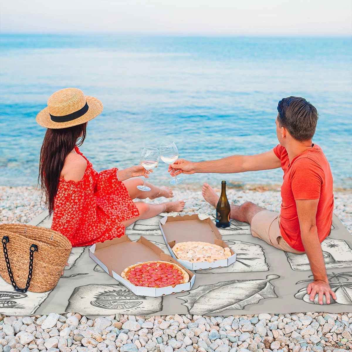 Ocean Themed Beach Blanket, Sandproof Beach Mat, Adults Waterproof Quick Drying Sand Free Mat with 4 x Ground Spikes for Outdoor Travel Camping Hiking, Beach Themed