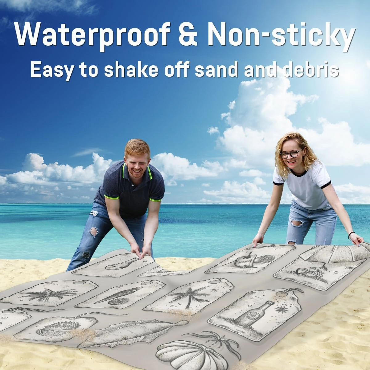 Ocean Themed Beach Blanket, Sandproof Beach Mat, Adults Waterproof Quick Drying Sand Free Mat with 4 x Ground Spikes for Outdoor Travel Camping Hiking, Beach Themed