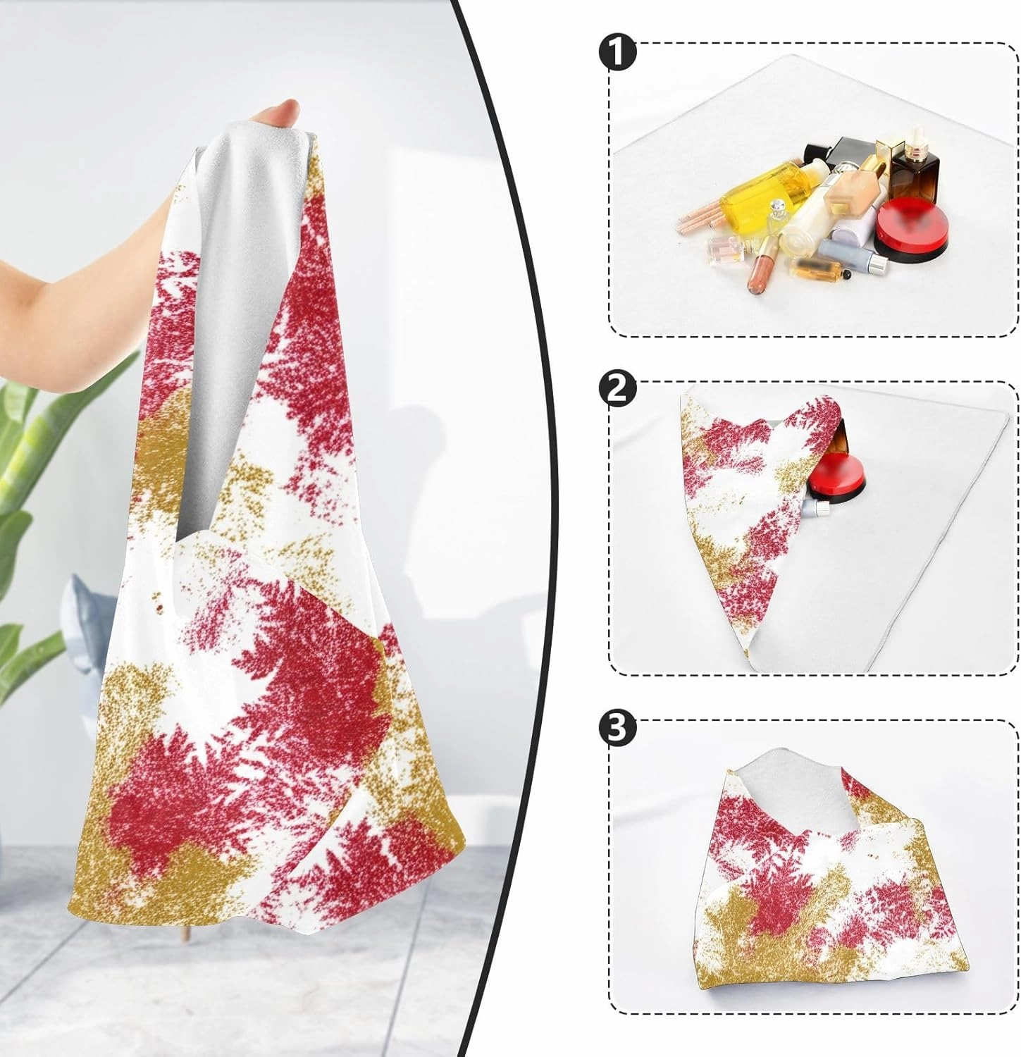 ODAWA Red and Gold Abstract Self-adhesive Cloth 17.7X17.7 Inch Magic Flexible Folding Self-Stick Makeup Bag Anti Scratch Equipment Wrap Storage Pouch