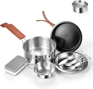 Odoland 10pcs Camping Cookware Stainless Steel Camping Pot and Pan Set with Plate Bowl Fork Knife Spoon for Backpacking, Hiking, Outdoor Cooking and Picnic