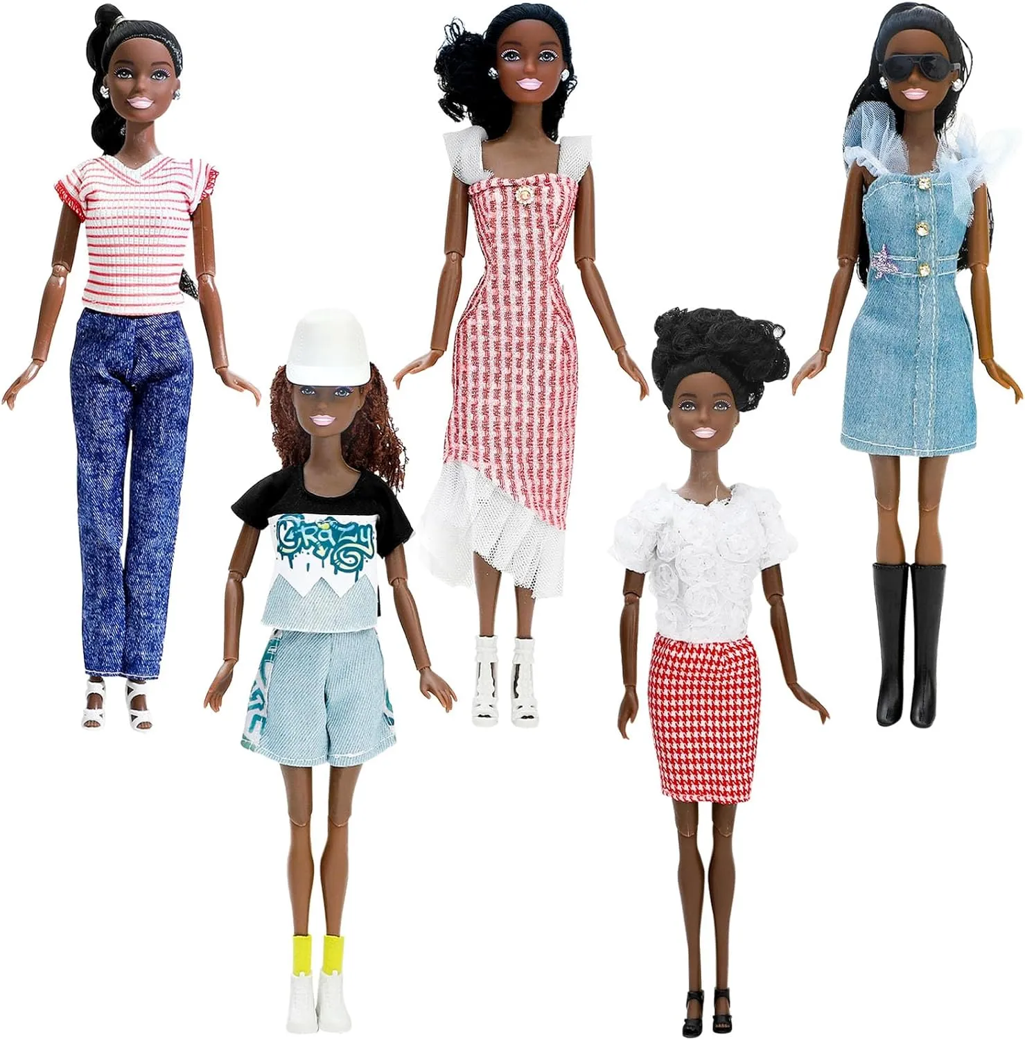 ONEST 5 Sets 11.5 Inches African American Dolls Include 5 Pieces Black Girl Dolls, 5 Pieces Handmade Doll Clothes, 5 Pairs of Doll Shoes