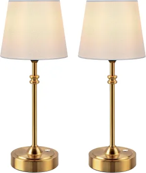 ONEWISH Cordless Table Lamps Set of 2 - Battery Powered Lamp, 4000mAh Rechargeable, Stepless Dimmable, Wireless Lamp with Fabric Shade, 2700K Warm Ambient Light for Dining, Patio, Bathroom(Gold)