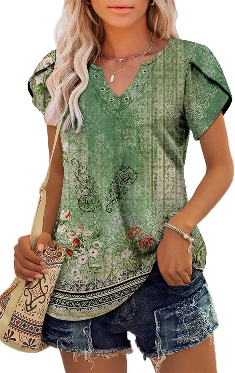 onlypuff Summer Top for Women V Neck Short Sleeve Shirts Flowy Tunic Tops