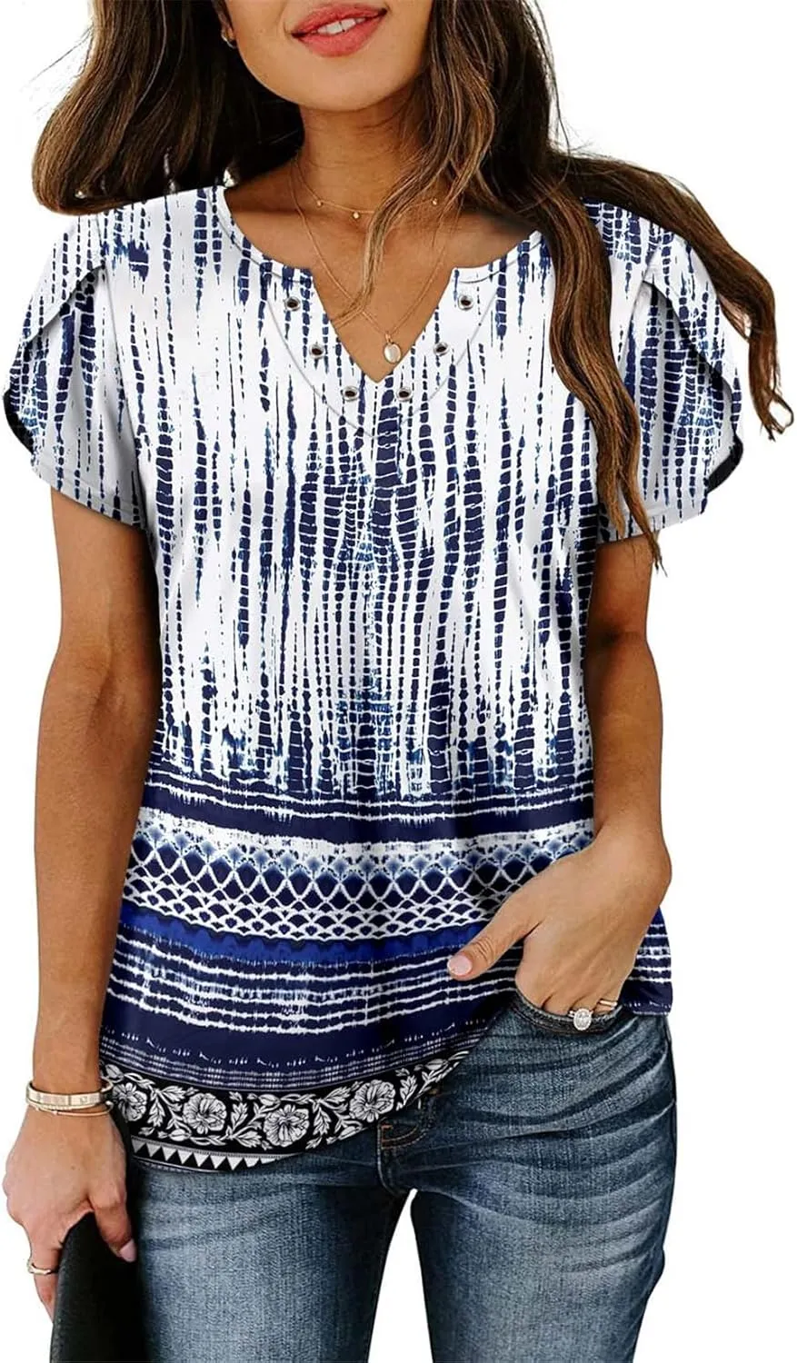 onlypuff Summer Top for Women V Neck Short Sleeve Shirts Flowy Tunic Tops