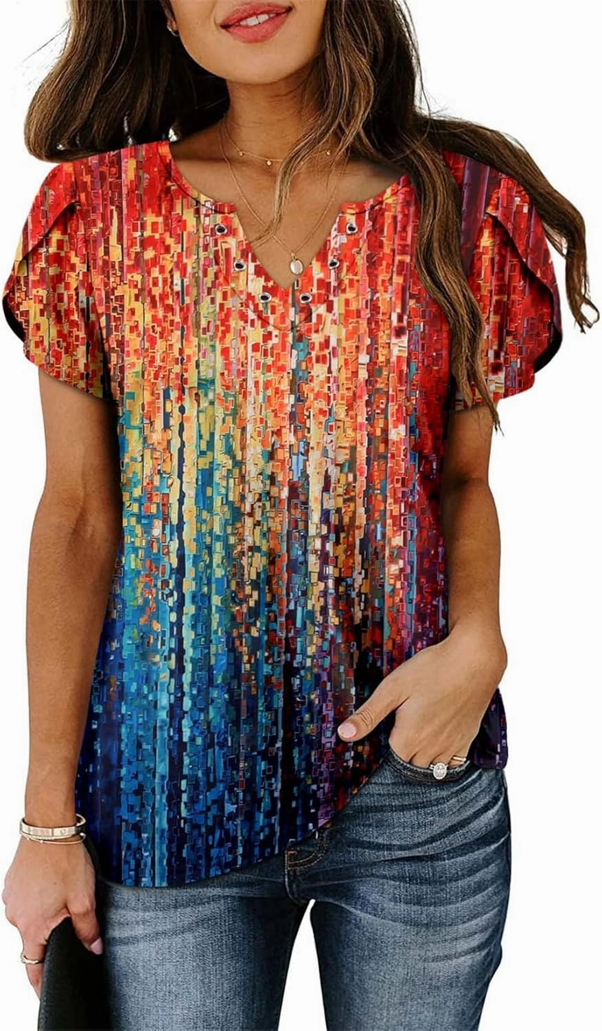 onlypuff Summer Top for Women V Neck Short Sleeve Shirts Flowy Tunic Tops