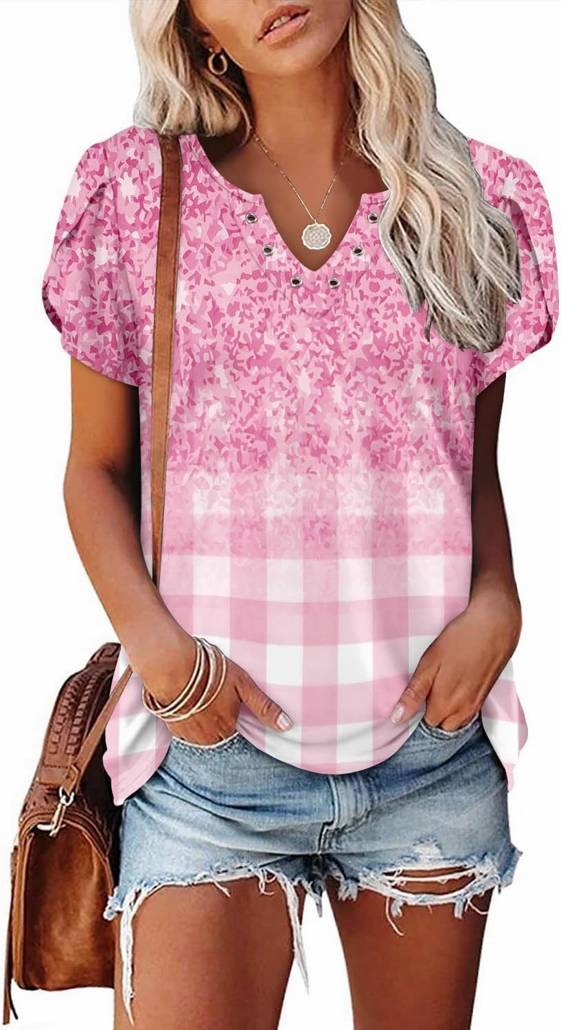 onlypuff Summer Top for Women V Neck Short Sleeve Shirts Flowy Tunic Tops