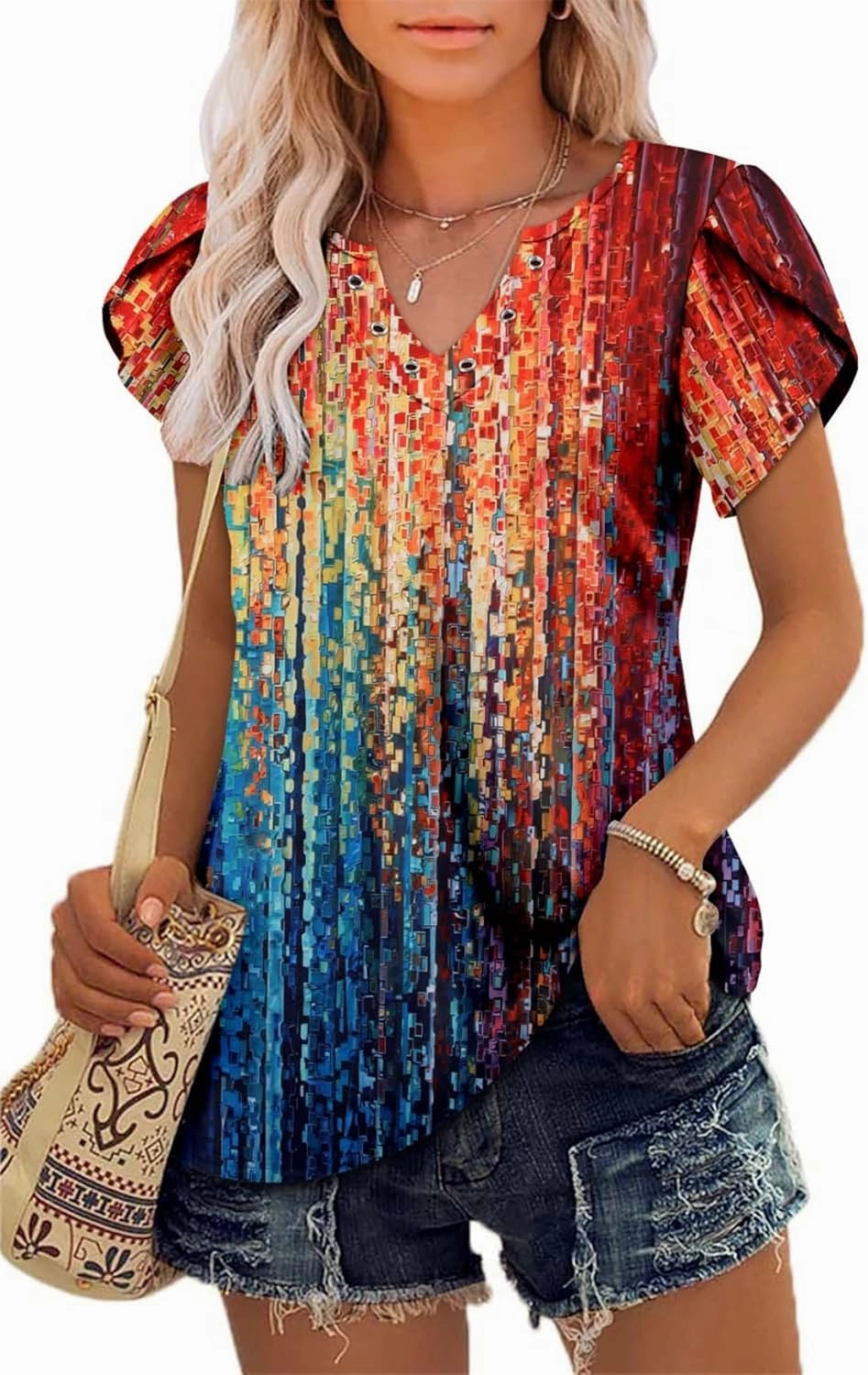 onlypuff Summer Top for Women V Neck Short Sleeve Shirts Flowy Tunic Tops