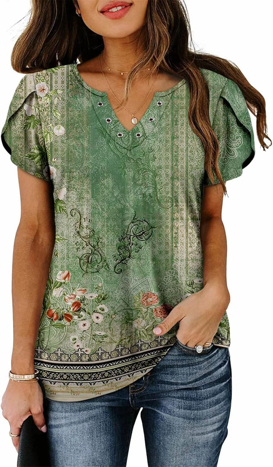 onlypuff Summer Top for Women V Neck Short Sleeve Shirts Flowy Tunic Tops