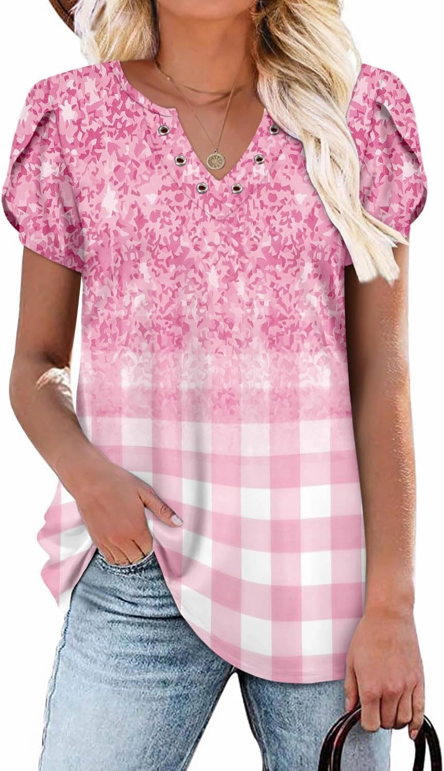 onlypuff Summer Top for Women V Neck Short Sleeve Shirts Flowy Tunic Tops