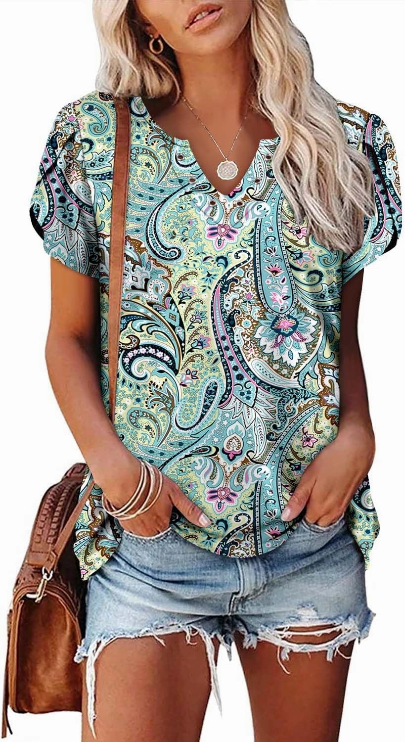 onlypuff Summer Top for Women V Neck Short Sleeve Shirts Flowy Tunic Tops