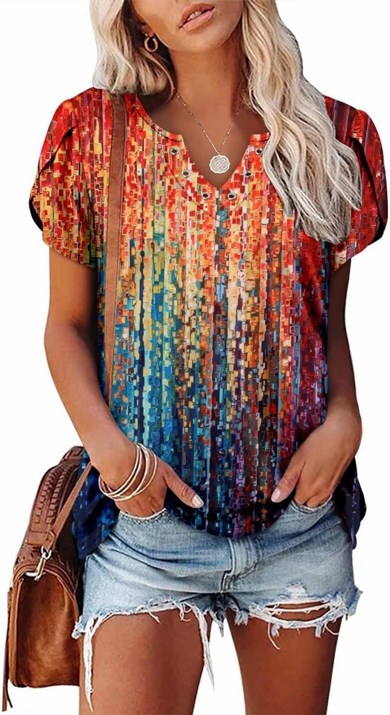 onlypuff Summer Top for Women V Neck Short Sleeve Shirts Flowy Tunic Tops
