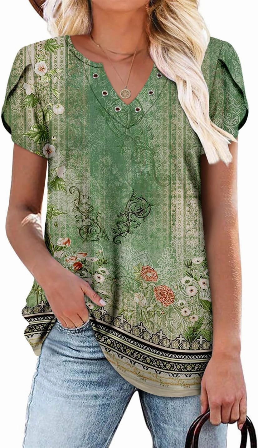 onlypuff Summer Top for Women V Neck Short Sleeve Shirts Flowy Tunic Tops