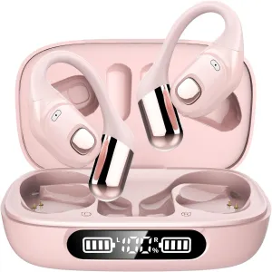 Open Ear Earbuds, Bluetooth 5.3 Wireless Air Conduction Headphones with Mic, LED Display Charging Case&Fast Charging, Ultra-Light Weight, 80H Playtime Earbuds for Work, Sports (Pink)