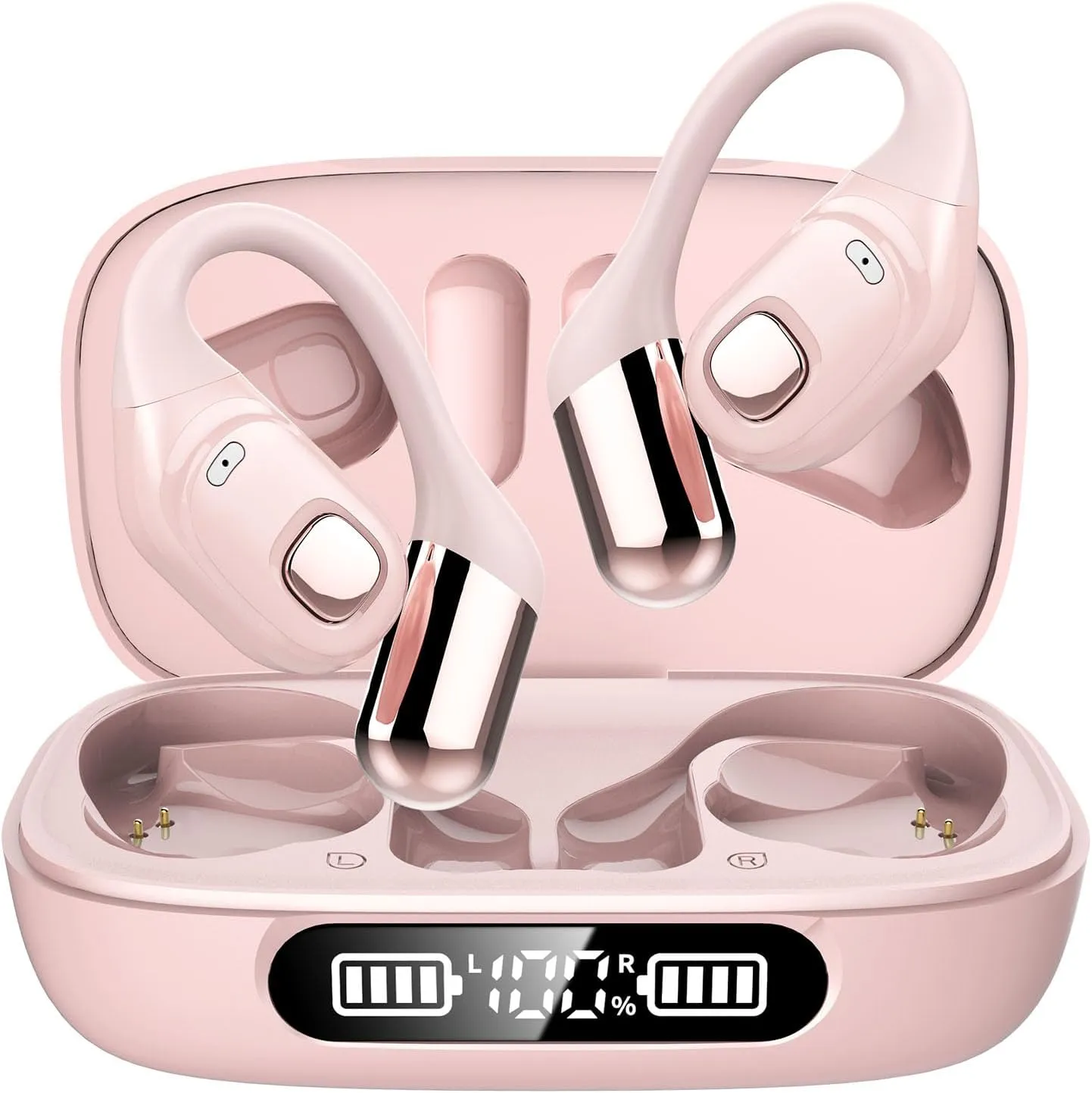 Open Ear Earbuds, Bluetooth 5.3 Wireless Air Conduction Headphones with Mic, LED Display Charging Case&Fast Charging, Ultra-Light Weight, 80H Playtime Earbuds for Work, Sports (Pink)