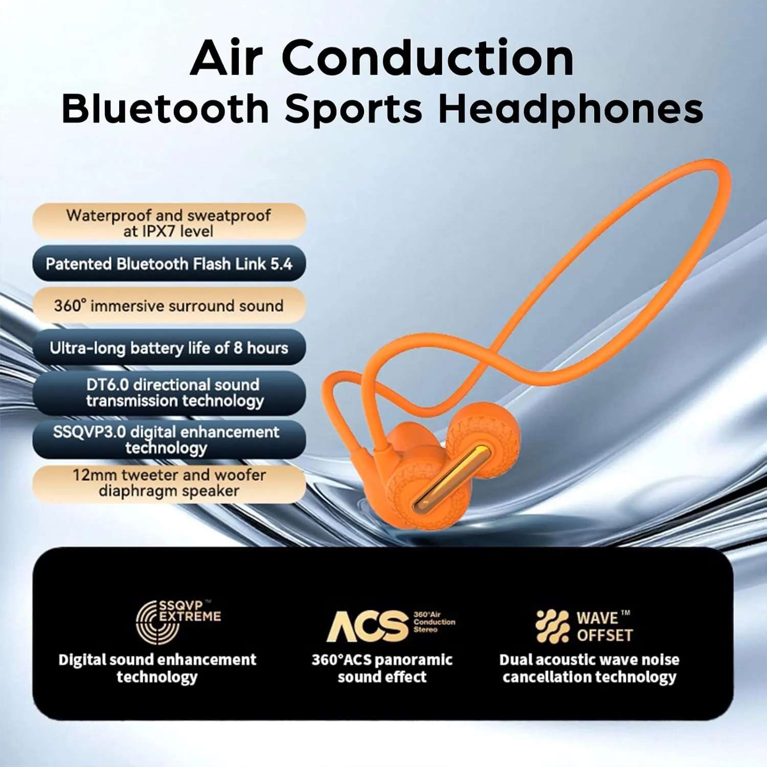 Open Ear Headphones Wireless Bluetooth 5.4 Air Conduction Headphone Bluetooth Sport Headset IPX7 Waterproof Premium Sound Clear Call Lightweight for Running Cycling Fitness Gym Workouts (Orange)