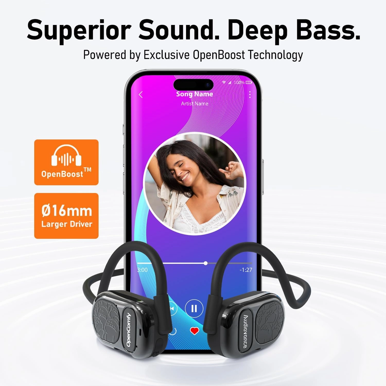 OpenComfy CF201 Wireless Running Headphones | Bluetooth | Open-Ear Headphones | 4-in-1 Advantage: Superior Sound | Ultimate Comfort | Secure Fit | Ambient Awareness | Black