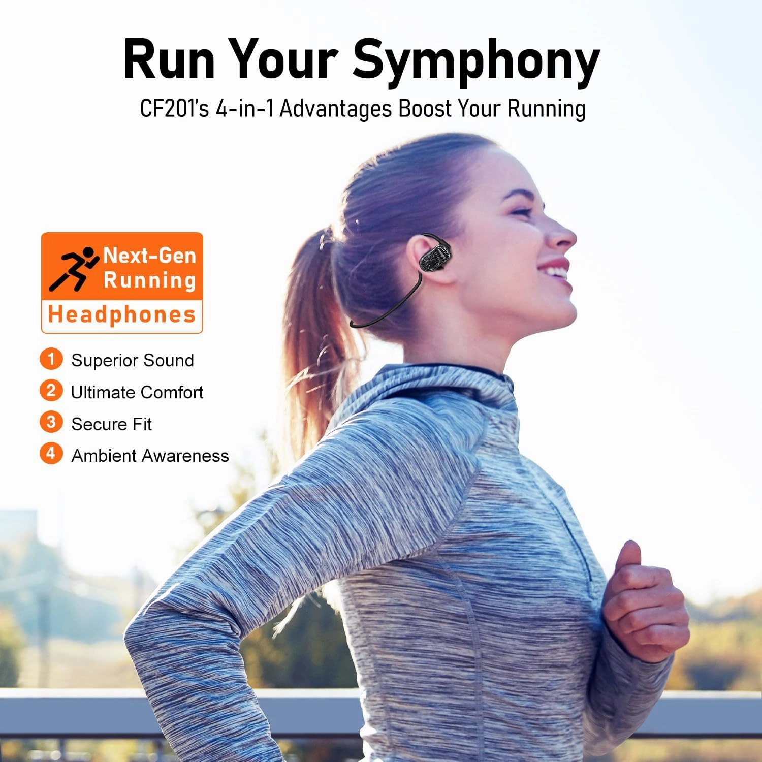 OpenComfy CF201 Wireless Running Headphones | Bluetooth | Open-Ear Headphones | 4-in-1 Advantage: Superior Sound | Ultimate Comfort | Secure Fit | Ambient Awareness | Black