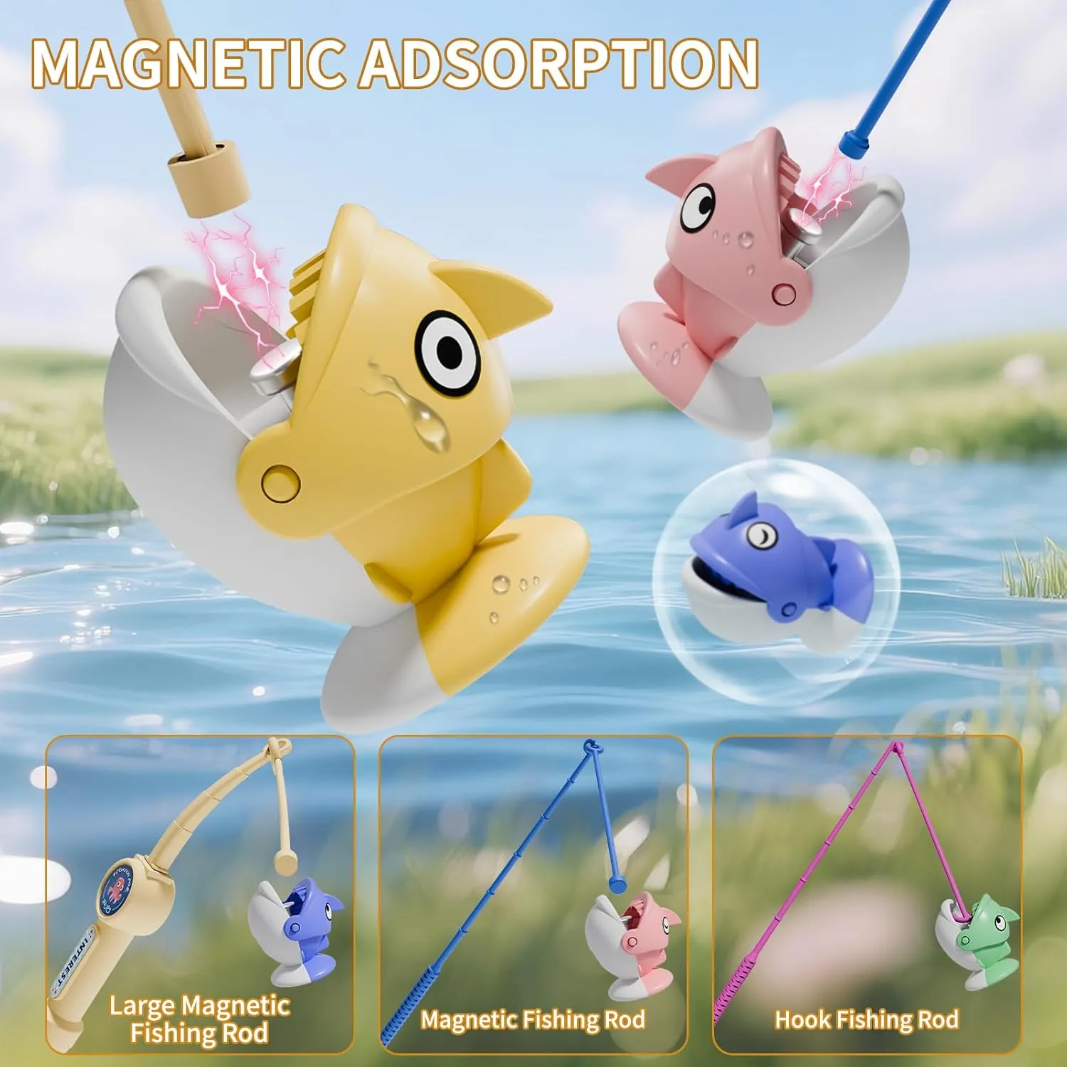 ORANGE OCEAN 66 PCS Magnetic Fishing Game for Kids Boys Ages 3-5 4-6, Kid Magnetic Fishing Toys with 360° Rotation & Sound, Birthday Toys Gifts for 3 4 5 6 Year Old Boys Kids, 1-8 Players