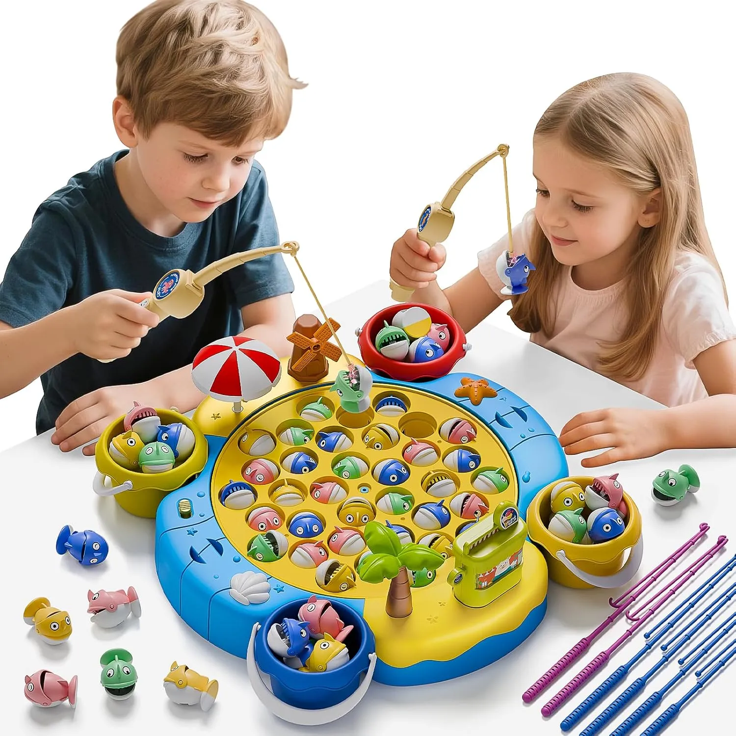 ORANGE OCEAN 66 PCS Magnetic Fishing Game for Kids Boys Ages 3-5 4-6, Kid Magnetic Fishing Toys with 360° Rotation & Sound, Birthday Toys Gifts for 3 4 5 6 Year Old Boys Kids, 1-8 Players