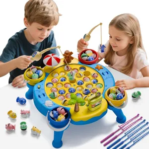 ORANGE OCEAN 70 PCS Magnetic Fishing Table Game for Kids Boys Ages 3-5 4-6, Magnetic Fishing Toys with 360° Rotation & Sound, Birthday Toys Gifts for 3 4 5 6 Year Old Boys Kids, 1-8 Players