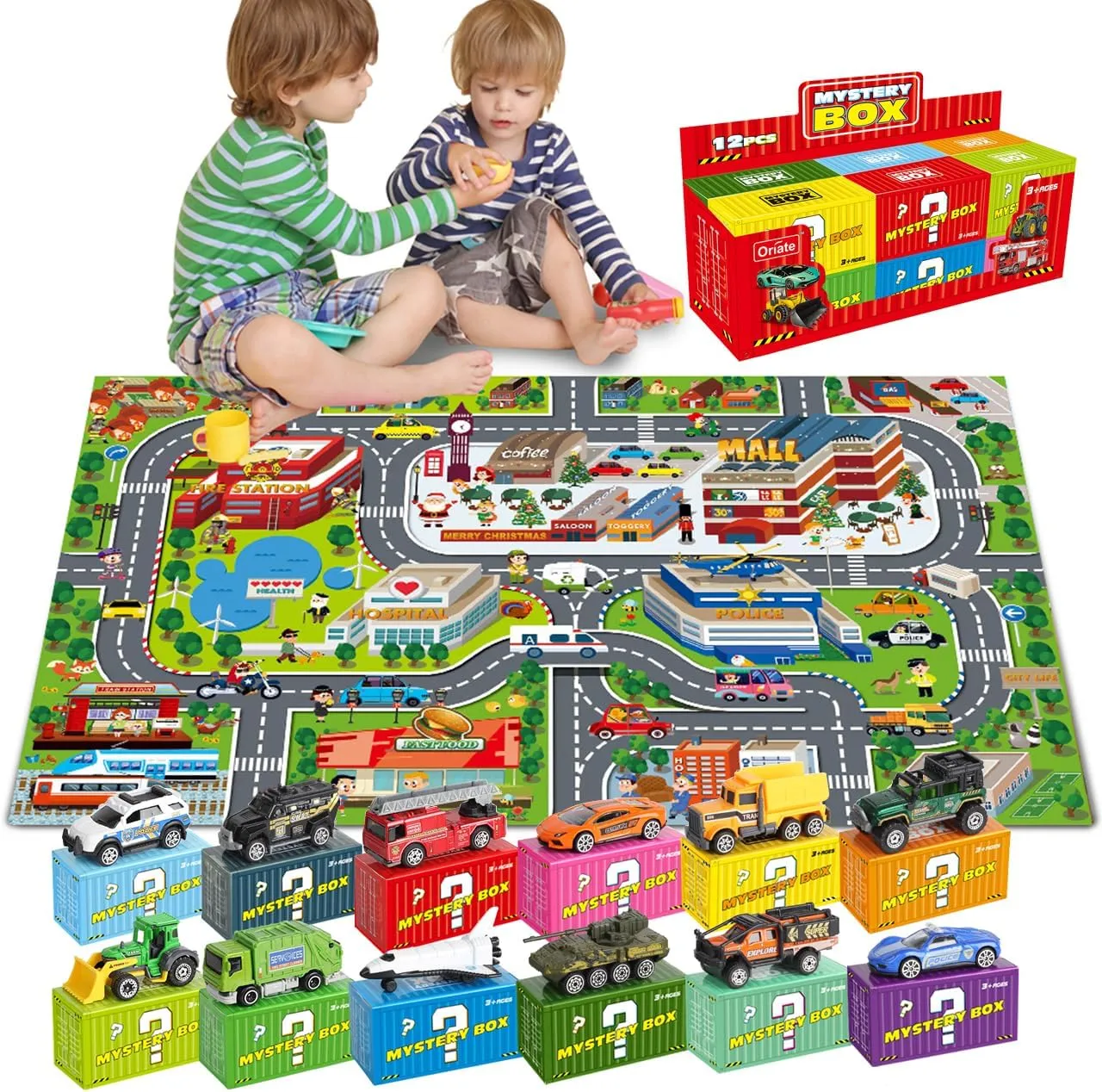 Oriate Kids Dream Mat Modern City Toy Activity Playmat & Diecast Toy Cars Set 12 Pack 1/64