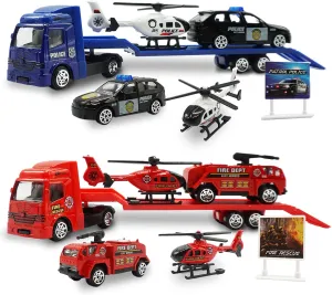 OTONOPI Toy Vehicle Push and Go Rescue Playset Diecast Mini Police Car Fire Engine Truck and Helicopter Toy in Semi Carrier Truck Gift for Toddlers Kids Boys
