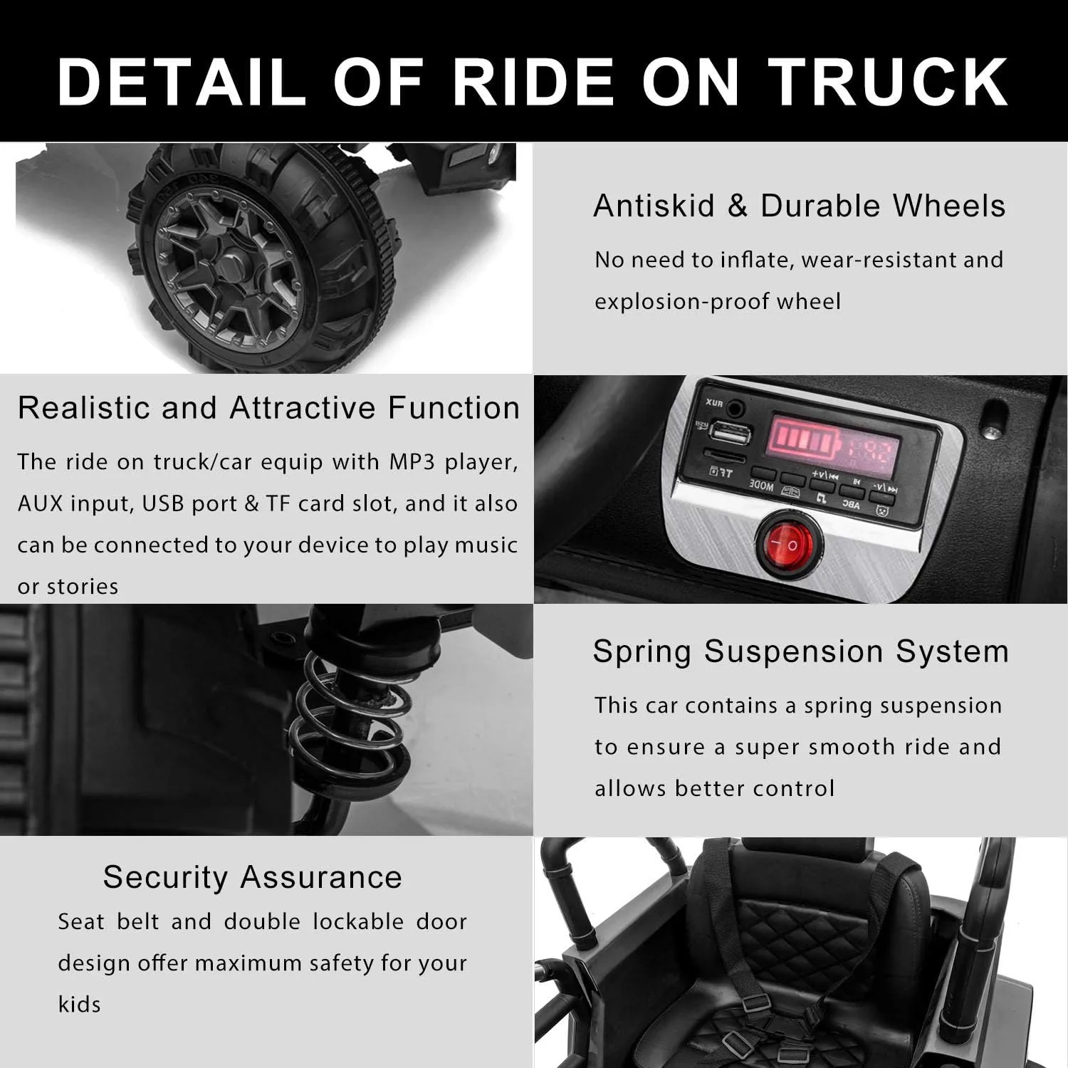 OTTARO Kids Electric Car Ride on Truck,12V Battery Powered Car for Kids, 3 Speeds,Spring Suspension, Parent Remote Control, MP3 Player (Black)