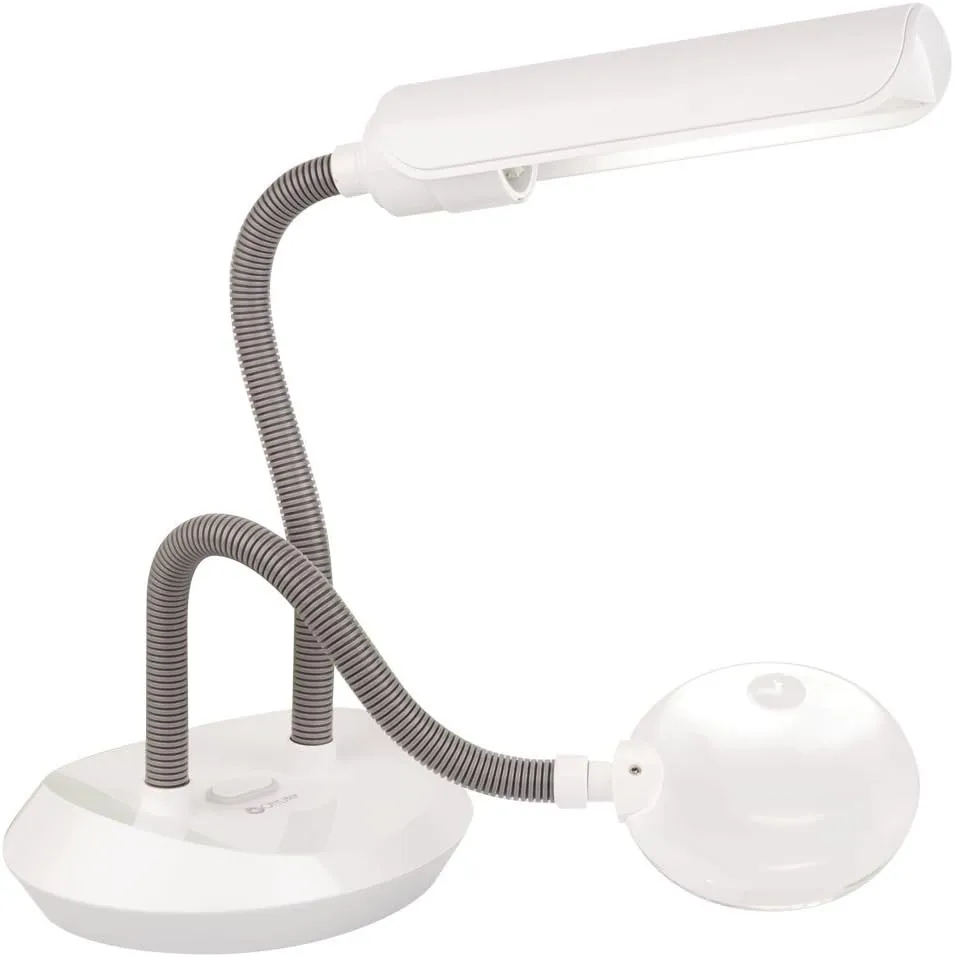 OttLite Duoflex Magnifier Lamp, 13 Watt, White – 2X Optical Grade Magnification, 5X Spot Magnifier, Flexible Neck Height, Modern Design, for Needlework & Crafting