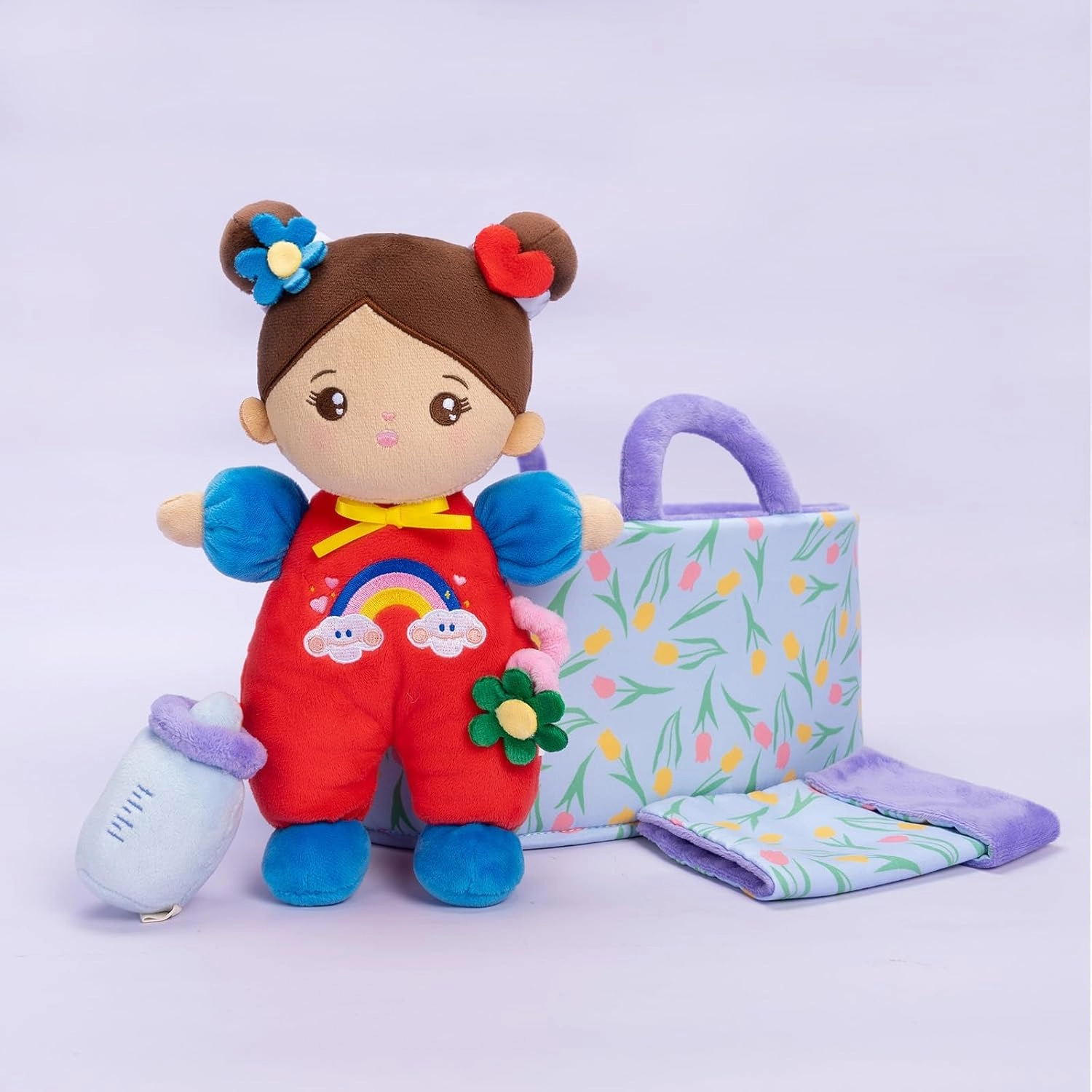 OUOZZZ 10" Soft Baby Doll Gift Set - First Baby Doll Accessories Plush Rag Sleeping Cuddle Buddy Doll Toy Brown Skin Mini Doll Set for Kids Girls Boys