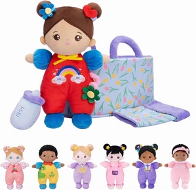 OUOZZZ 10" Soft Baby Doll Gift Set - First Baby Doll Accessories Plush Rag Sleeping Cuddle Buddy Doll Toy Brown Skin Mini Doll Set for Kids Girls Boys