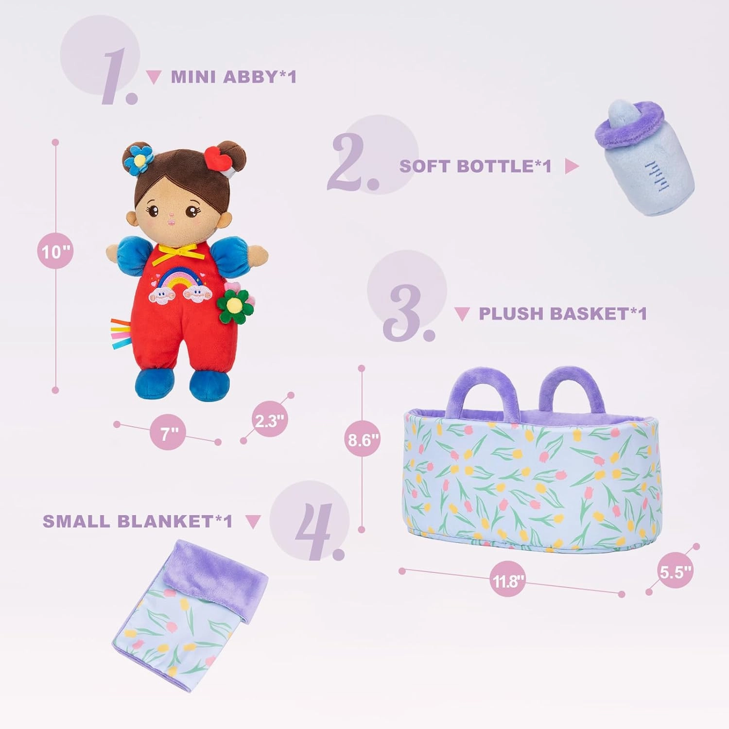 OUOZZZ 10" Soft Baby Doll Gift Set - First Baby Doll Accessories Plush Rag Sleeping Cuddle Buddy Doll Toy Brown Skin Mini Doll Set for Kids Girls Boys