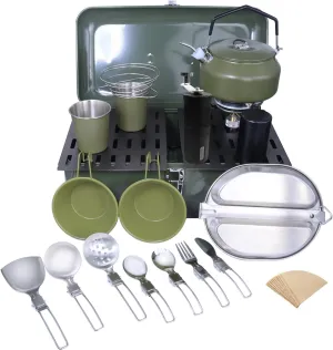 Outdoor Camping Pour Over Coffee Maker Set with Cookware Set Green, 17 Pieces