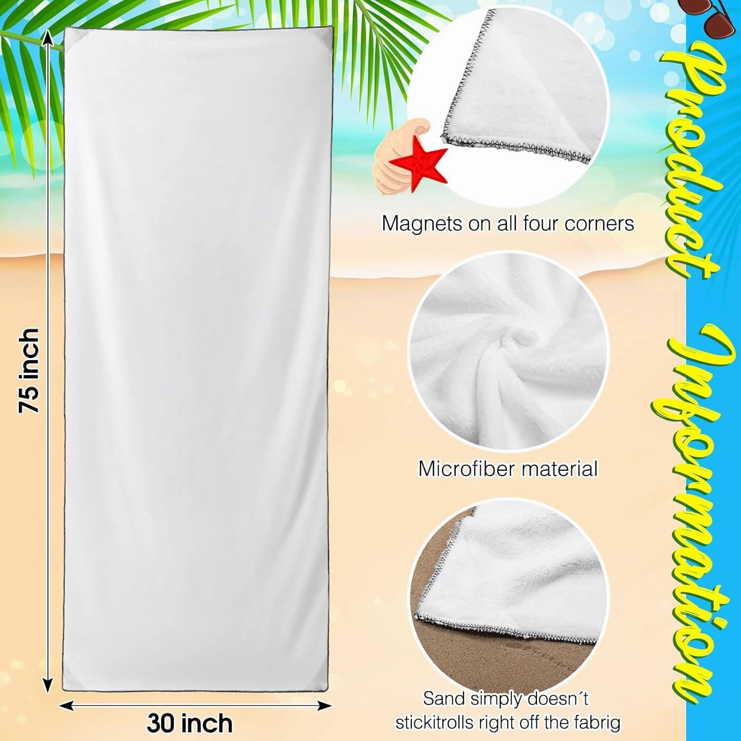 Outdoor Magnetic Bath Towel Oversized 75"x30" Magnetic Microfiber Beach Quick Dry Towel with Magnet Corners for Beach, Pool, Travel, Gym & Camping