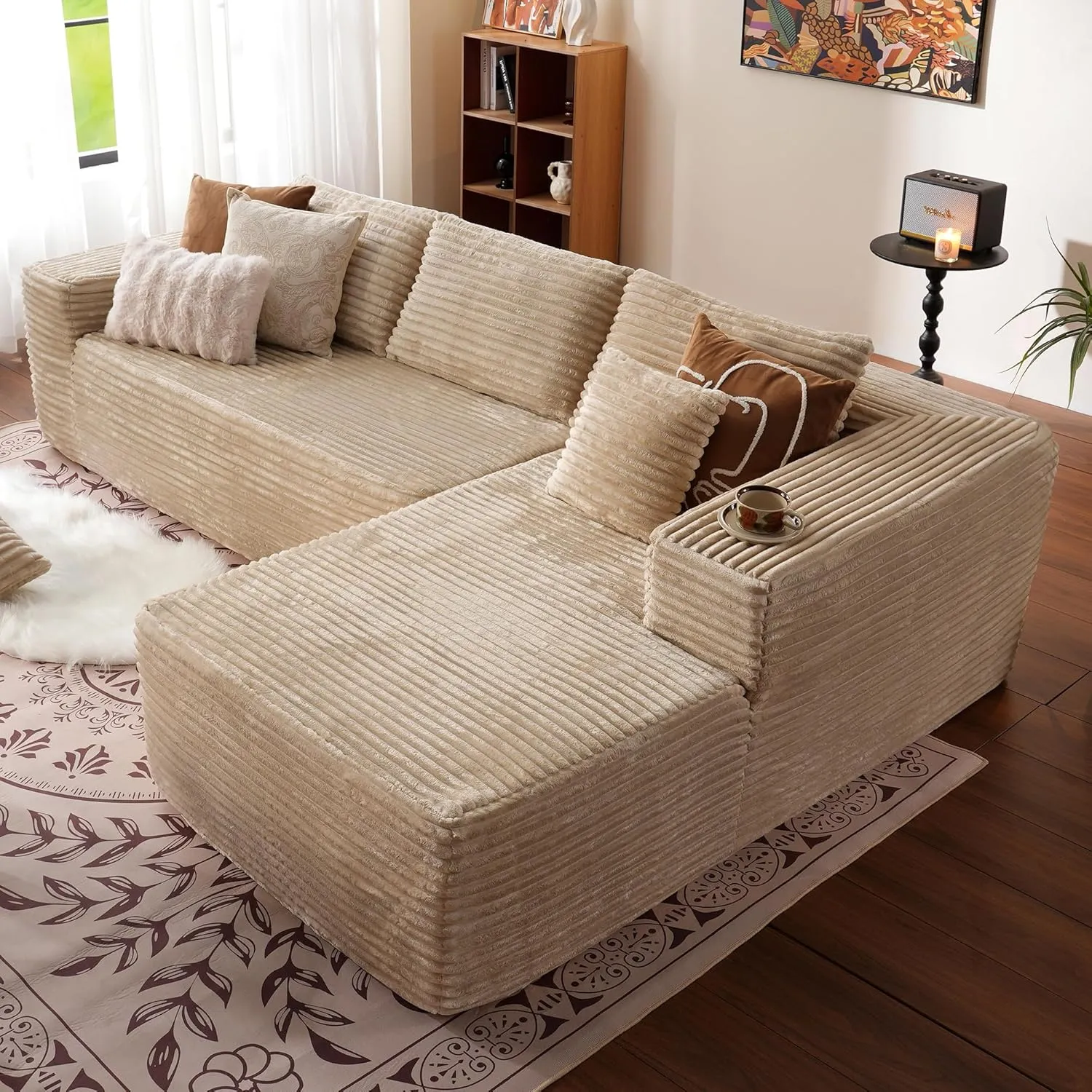 ovios 104" Cloud Sectional Couch with L-Shape Chaise,Modern Modular Sofa with Deep Seat, Upholstered Couches for Living Room Bedroom,No Assembly Required, Beige (Plush Corduroy Fabric)