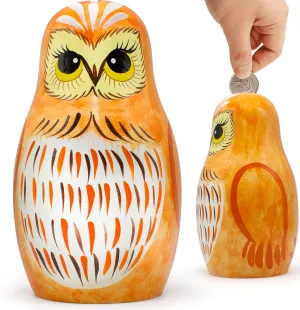Owl Coin Bank 6'' - Owl Nesting Dolls - Owl Piggy Bank Matryoshka Dolls - Money Bank Owl Gifts for Owl Lovers - Cute Owl Decor Money Jar Russian Dolls