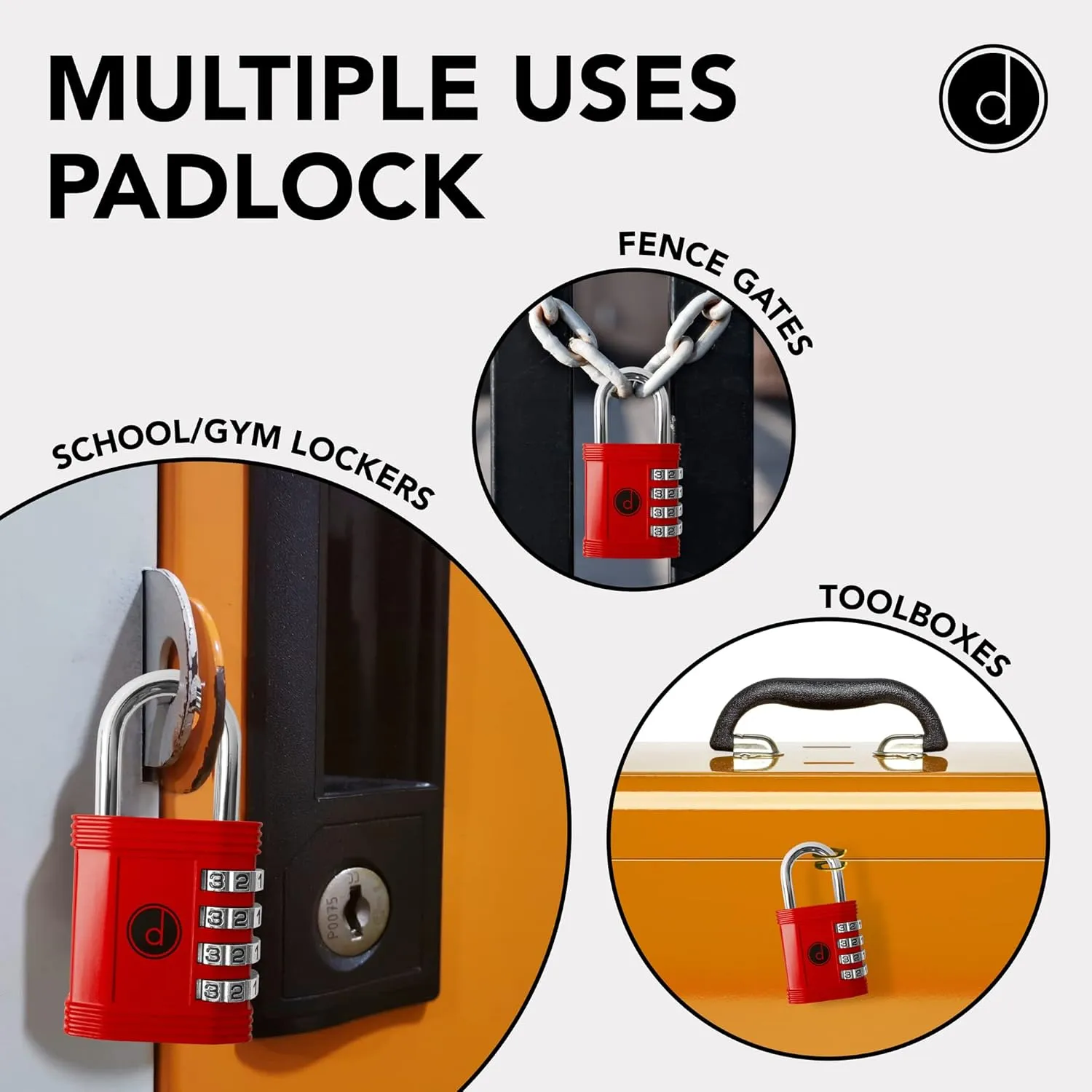 Padlock 4 Digit Combination Lock - for Gym School Locker, Outdoor Gate, Shed, Fence, and Storage - Weatherproof Metal - Keyless, Easy to Set, Resettable - Red