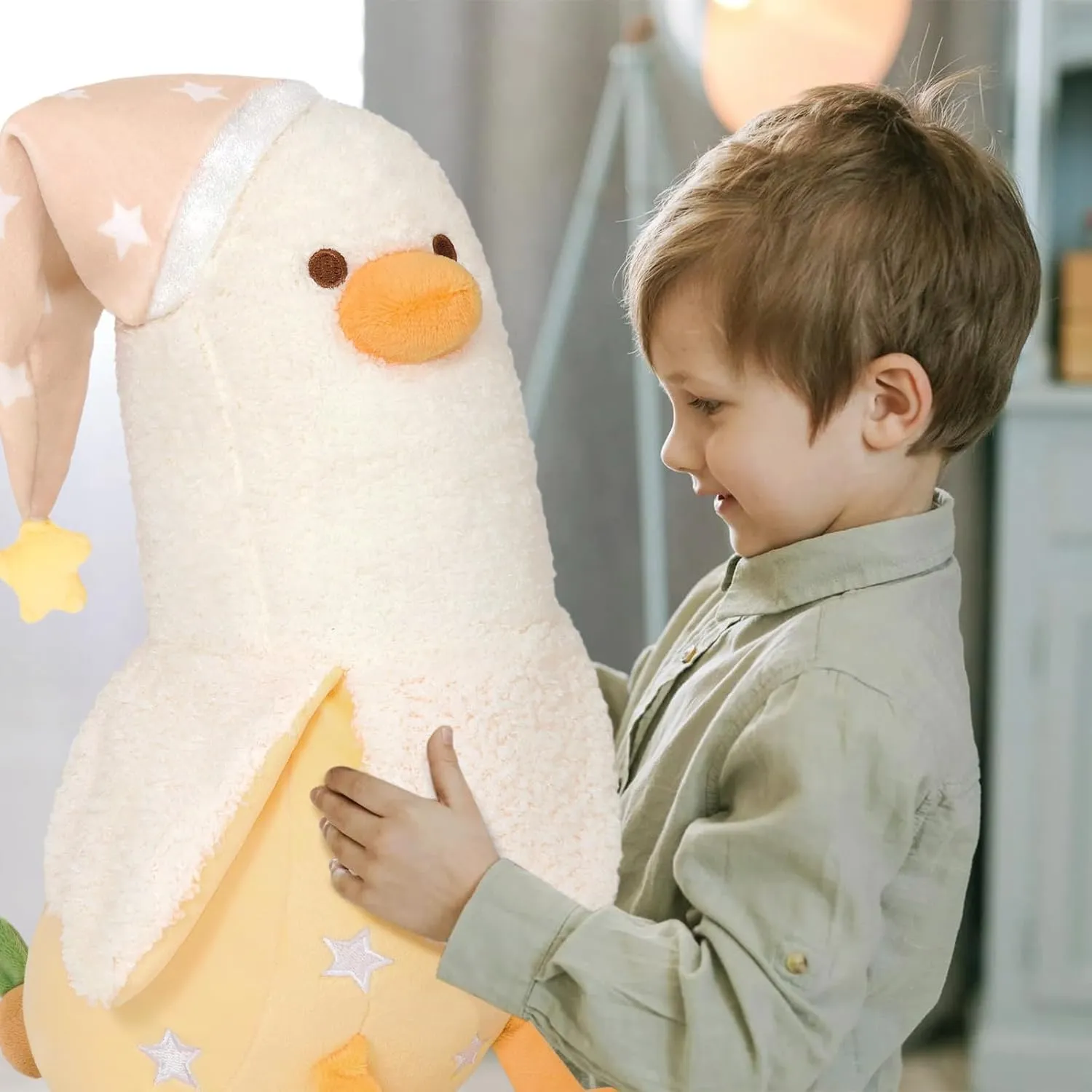 PEACH CAT Banana Duck Plush Pillow Wear Long Star Nighcap Plushies Toy Cute Stuffed Animals Gifts for Kids White and Yellow 19.7"