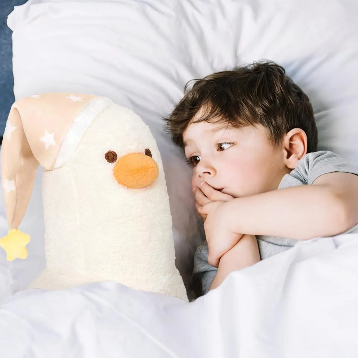 PEACH CAT Banana Duck Plush Pillow Wear Long Star Nighcap Plushies Toy Cute Stuffed Animals Gifts for Kids White and Yellow 19.7"