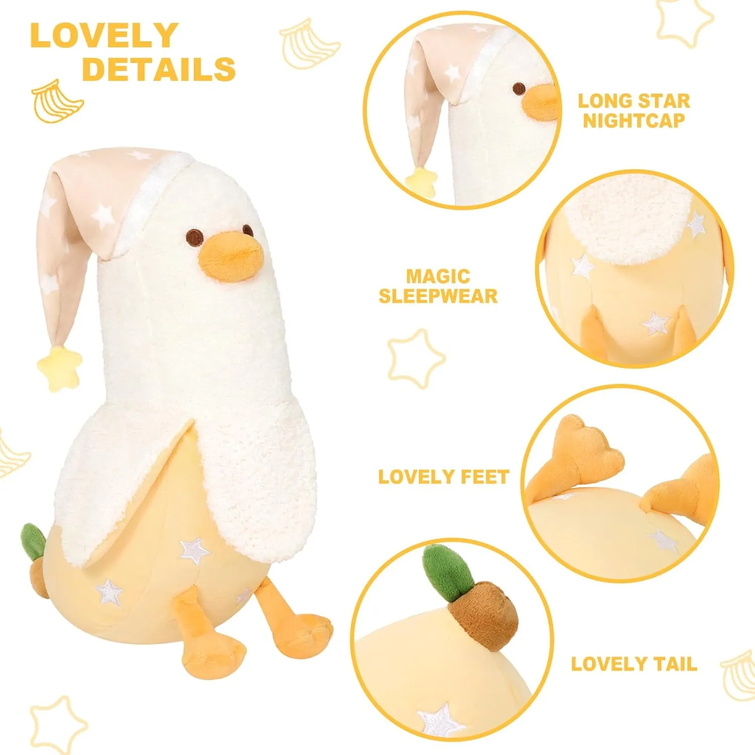 PEACH CAT Banana Duck Plush Pillow Wear Long Star Nighcap Plushies Toy Cute Stuffed Animals Gifts for Kids White and Yellow 19.7"