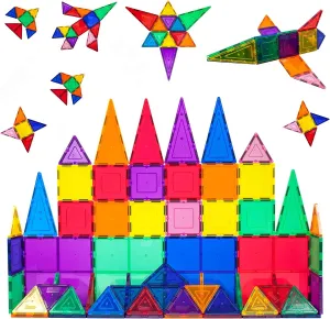 PicassoTiles 32pcs Dinosaur   4 Action Figures   60pc Tiles Magnetic Construction Building Block Family STEAM Toys with 21 Action Figures T-Rex, Triceratops, Velociraptor, Trees, Rocks Expansion